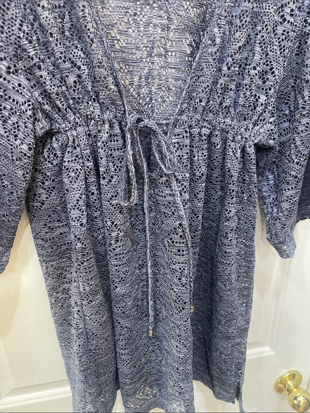DOTTI- Crochet Tie-Front Cover-Up in Slate Blue S:S - Picture 2 of 4